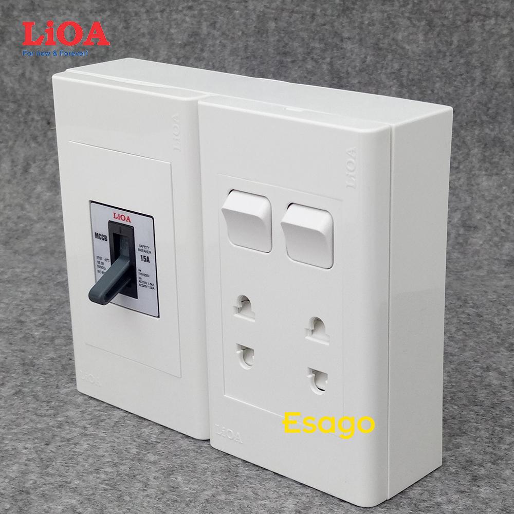 [HCM]Combo ổ cắm điện đôi 2 chấu 16A (3520W) + 2 công tắc điện LiOA có cầu dao chống quá tải 15A - Lắp nổi