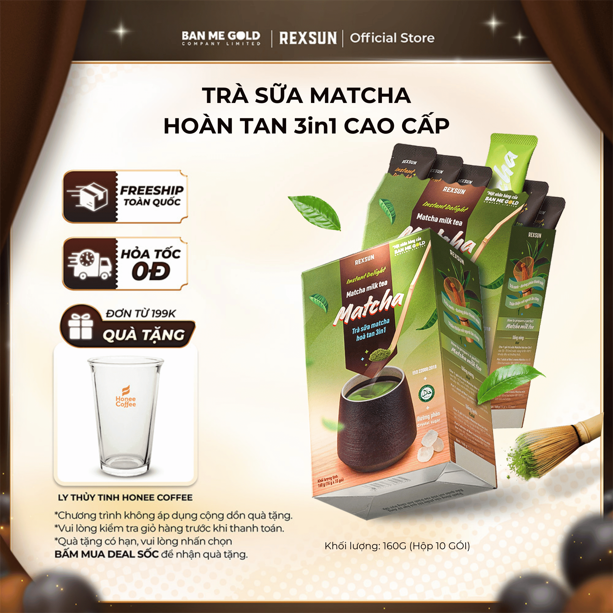   TẶNG QUÀ  Trà Sữa Matcha Hoà Tan - Instant Delight - Hộp 160g  10 Gói  - Trà Sữa Trà Xanh Hòa Tan Chính Hãng Ban Me Gold - REXSUN 