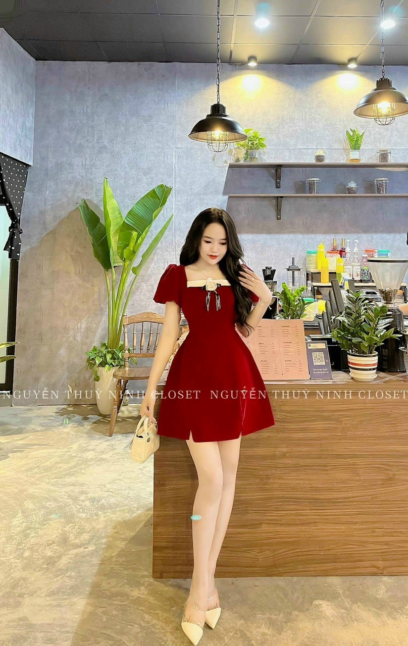 Đầm tiểu thư nữ cổ vuông chất nhung ,đầm đi tiệc tay phồng đính hoa trước ngực xinh xắn dáng xòe đi tiệc sang chảnh dx