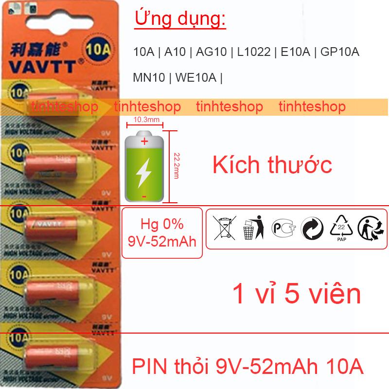 Pin nhỏ cho Điều khiển cửa cuốn Chuông cửa Máy tính tiền 10A A10 AG10 L1022 E10A GP10A MN10 WE10A 9V-52mAh VAVTT vỉ 5 viên