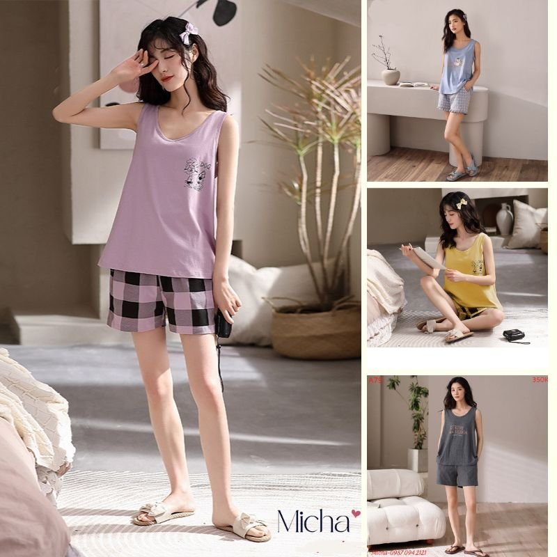 Đồ bộ nữ micha chất cotton cao cấp bộ mặc nhà quần đùi áo sát nách