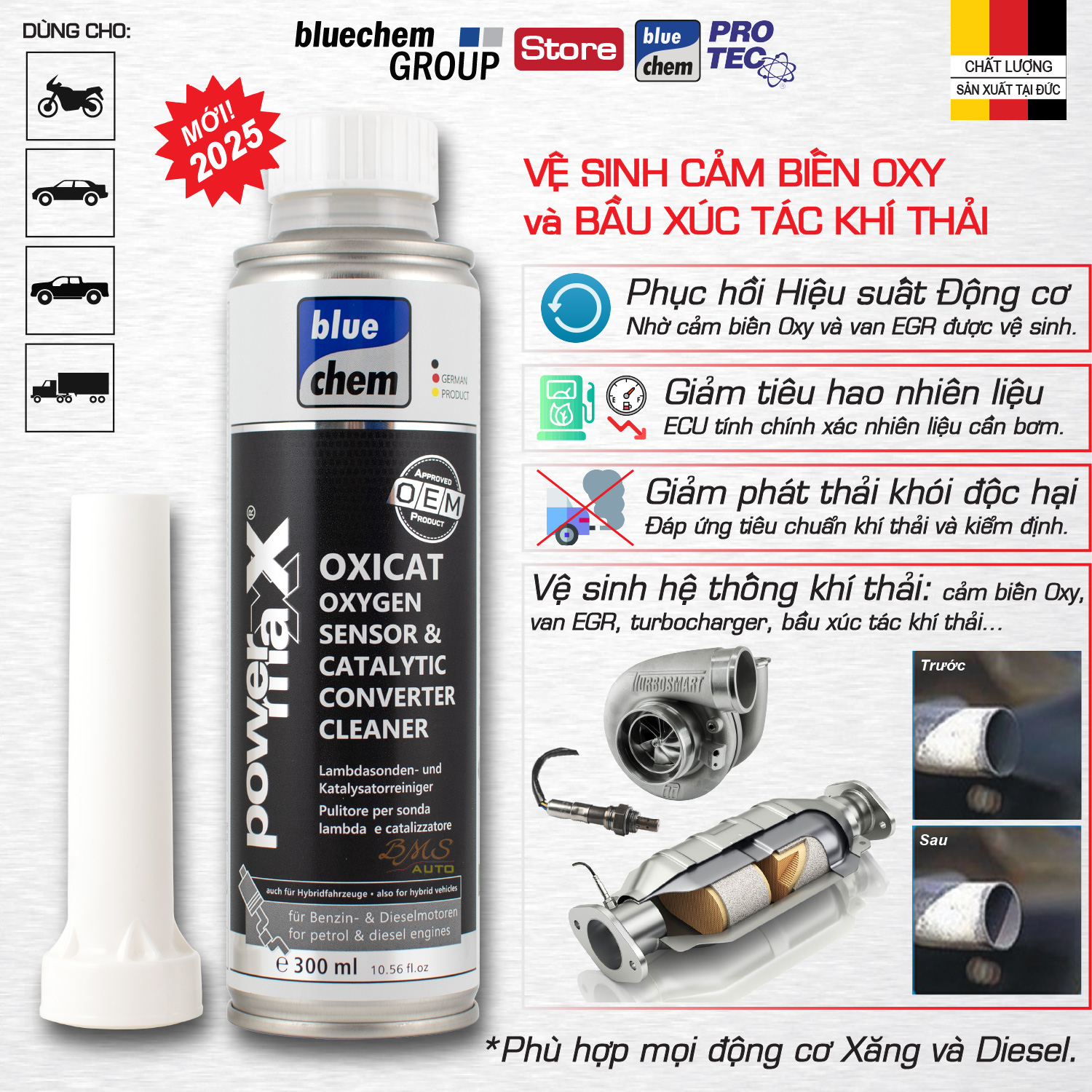 Dung dịch Vệ sinh Cảm biến Oxy và Bộ Trung hòa khí thải (Oxicat) Bluechem 300ml