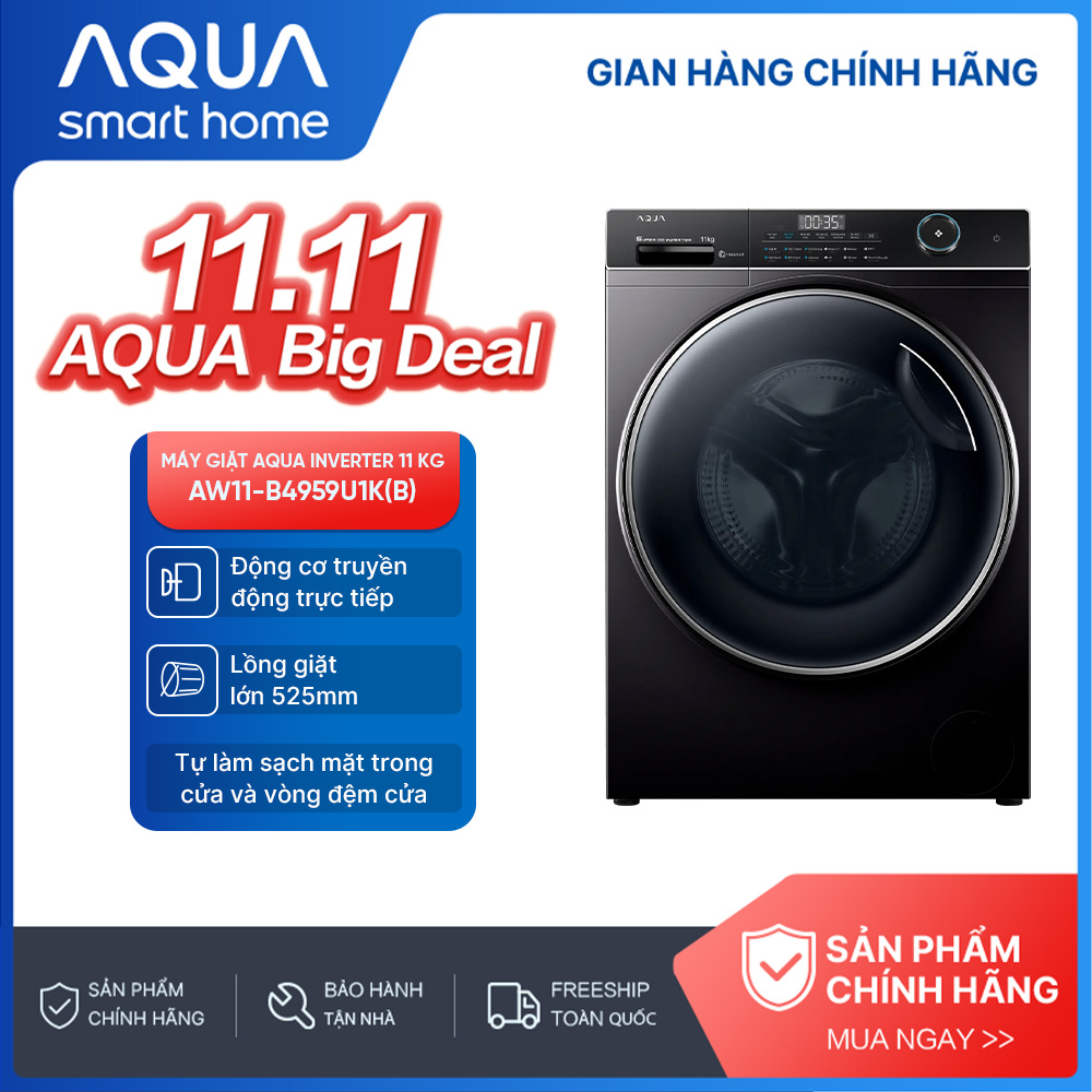 [SALE SỐC] Máy giặt lồng ngang Aqua Inverter 11kg AW11-B4959U1K(B) - Miễn phí giao hàng toàn quốc - 