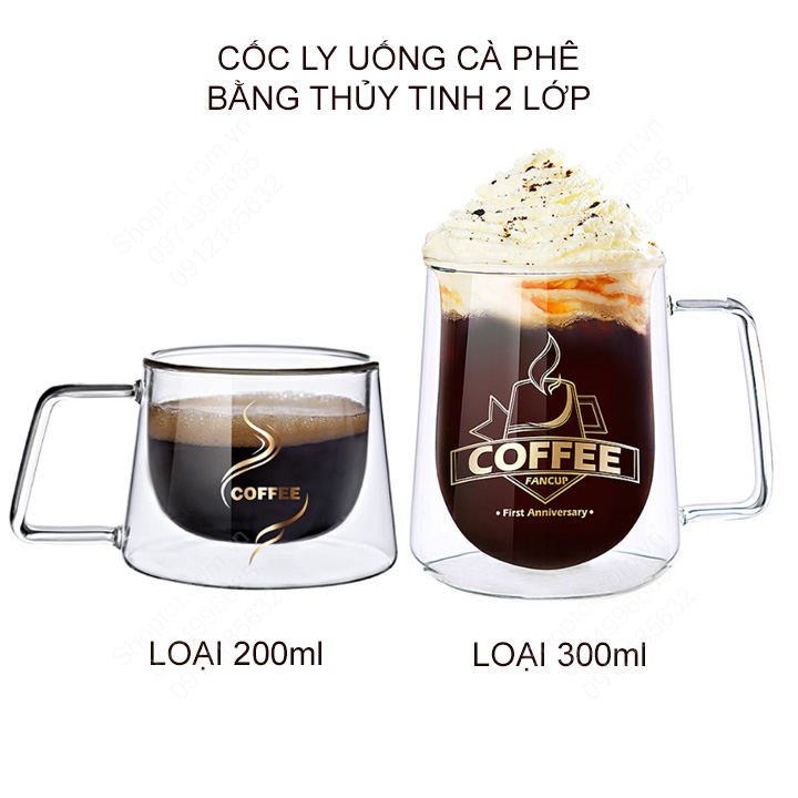 Ly uống cà phê thủy tinh 2 lớp cách nhiệt tốt, dùng uống cà phê, uống trà đa năng loại 200ml hoặc 300ml tùy chọn