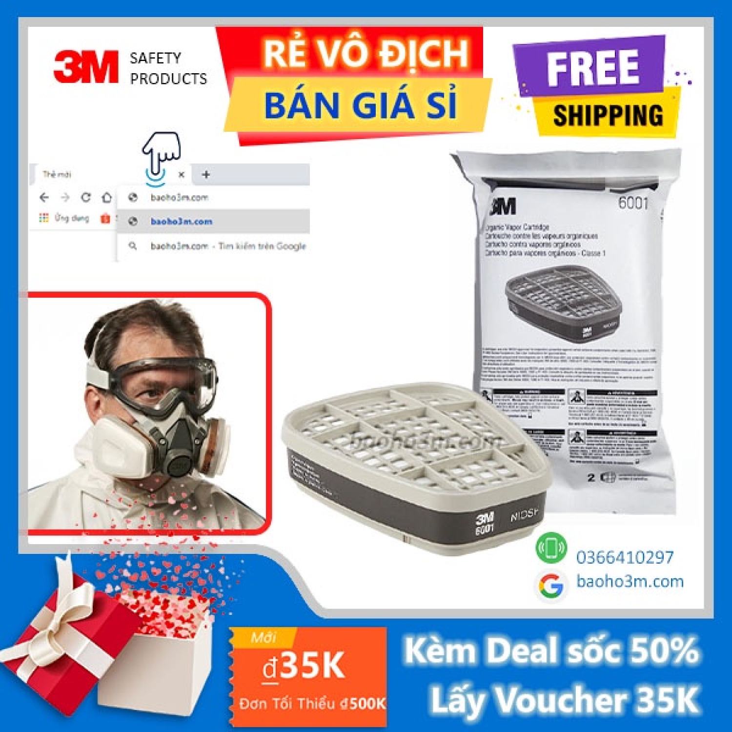3M 6001-phin lọc mặt nạ phòng độc 3M lọc mùi sơn, xăng, dầu, benzen, phòng khoi' độc