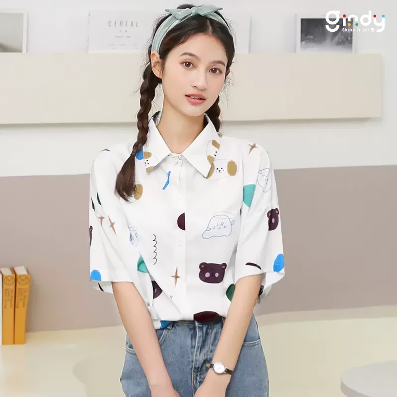Áo sơ mi họa tiết gấu nam nữ GINDY áo sơ mi cổ bẻ sơmi tay ngắn form rộng dáng basic kiểu Hàn Quốc thời trang học sinh, sinh viên, công sở A6118