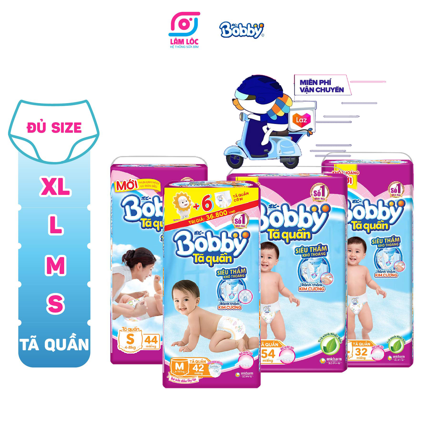 Bỉm quần Bobby, tã quần Bobby gói lớn các size S44 miếng, M60 miếng, L54 miếng, XL48 miếng ( hỗ trợ phí ship, đánh giá 5 sao để nhận voucher 5k )