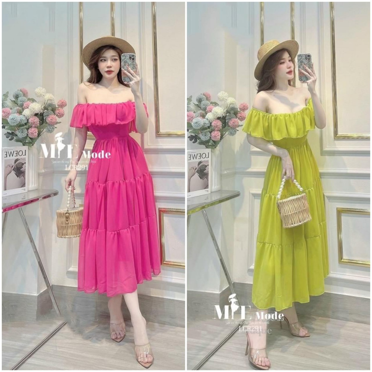 Đầm maxi trễ vai chất đũi dáng dài chun eo 3 tầng, váy đi biển đi du lịch dáng dài chiết eo 3 tầng