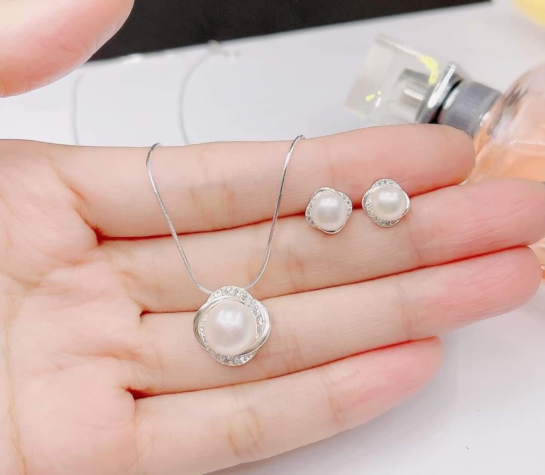 Sét dây chuyền, bông tai ngọc trai thật nước ngọt trang sức ngọc trai và bạc