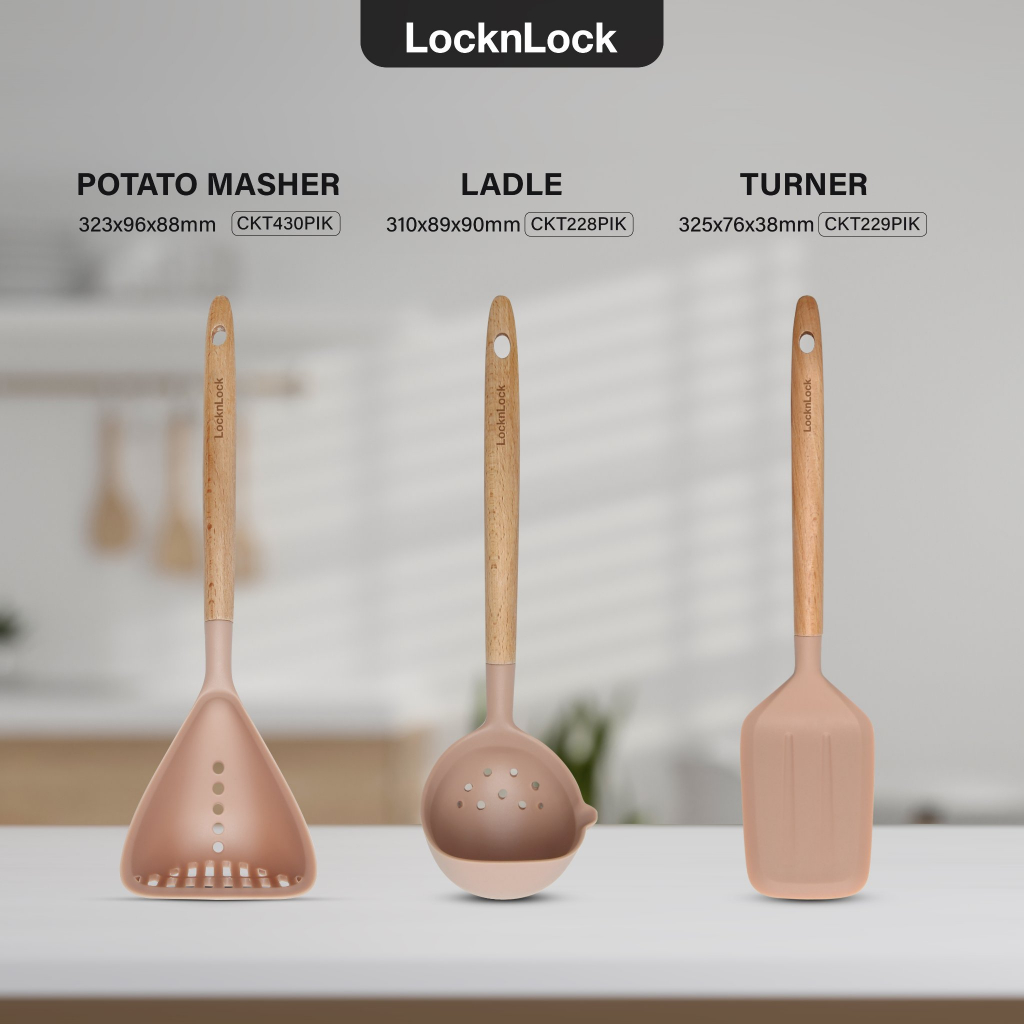 Dụng cụ nhà bếp LockLock xẻng lật thức ăn, muôi múc canh, dụng cụ nghiền rau củ quả bằng silicone chịu nhiệt CKT - Cán gỗ