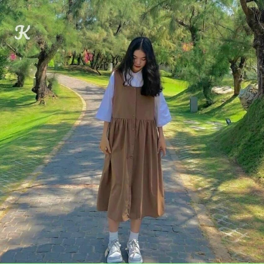 Váy yếm nữ ❤️ Set váy yếm nữ dể thương yếm váy kate lụa dày min tặng kèm áo sơ mi trắng xinh xắn chất kate lụa cao cấp - Girly store