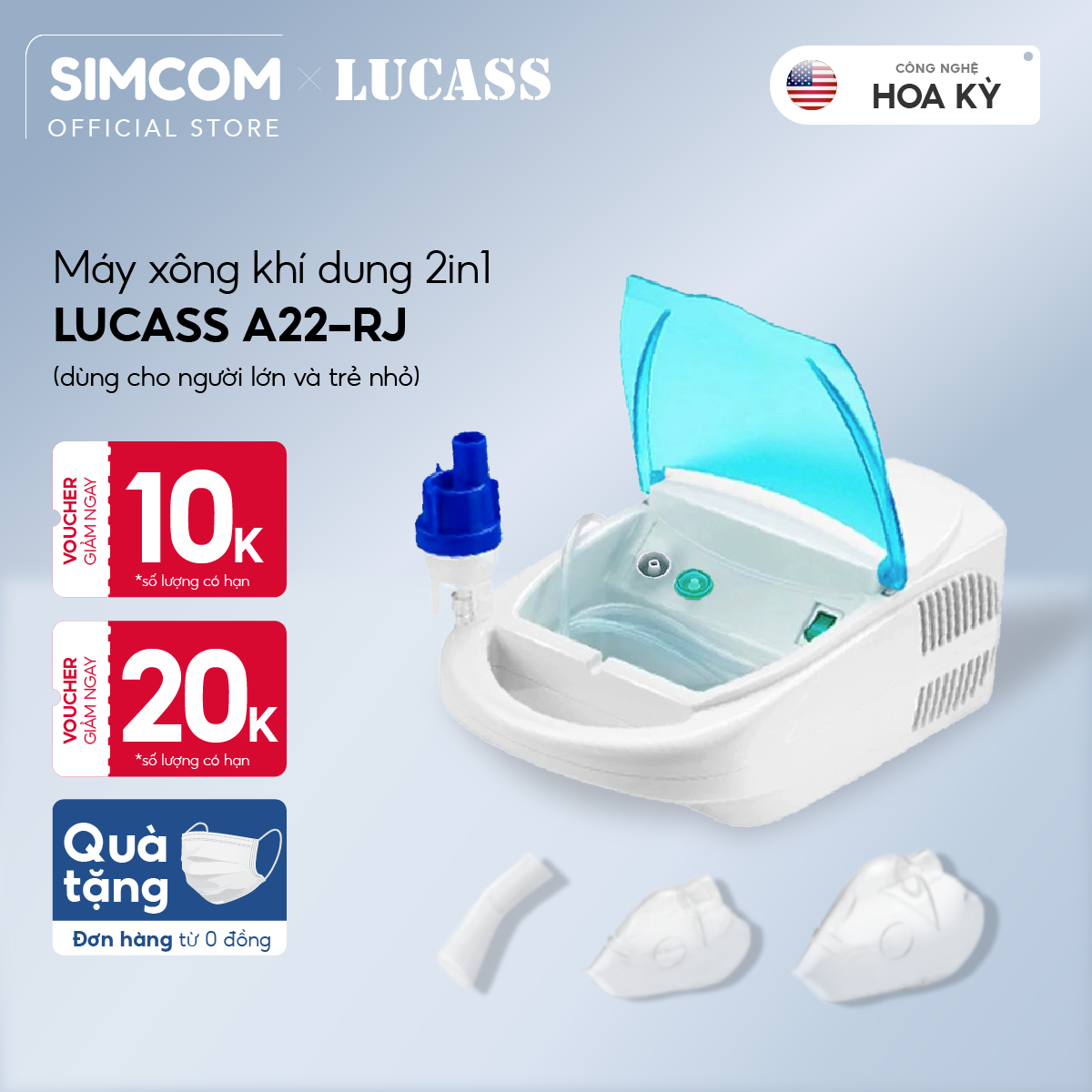 Máy xông khí mũi họng 2 trong 1 LUCASS A22 nhập khẩu chính hãng, xông khí dung, xông mũi, xông họng, bảo vệ hô hấp cho người lớn và trẻ em, Simcom