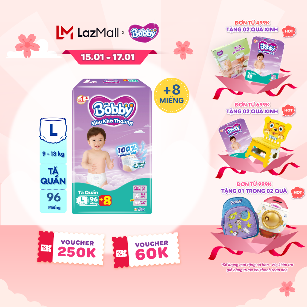 [CHỈ 20H 15-17.01 QUÀ TẶNG ĐH 499K] [TẶNG THÊM 8 MIẾNG] Tã/bỉm quần Bobby 3mm Mega Jumbo Gạo non Giảm nhiệt L96