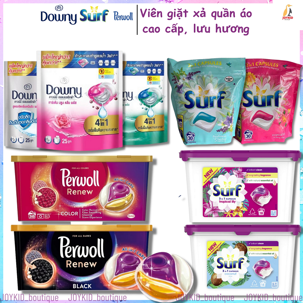 Viên giặt xả quần áo Downy/Surf/Perwoll lưu hương 4 trong 1 nhập khẩu Thái Lan/Anh/Tây Ban Nha