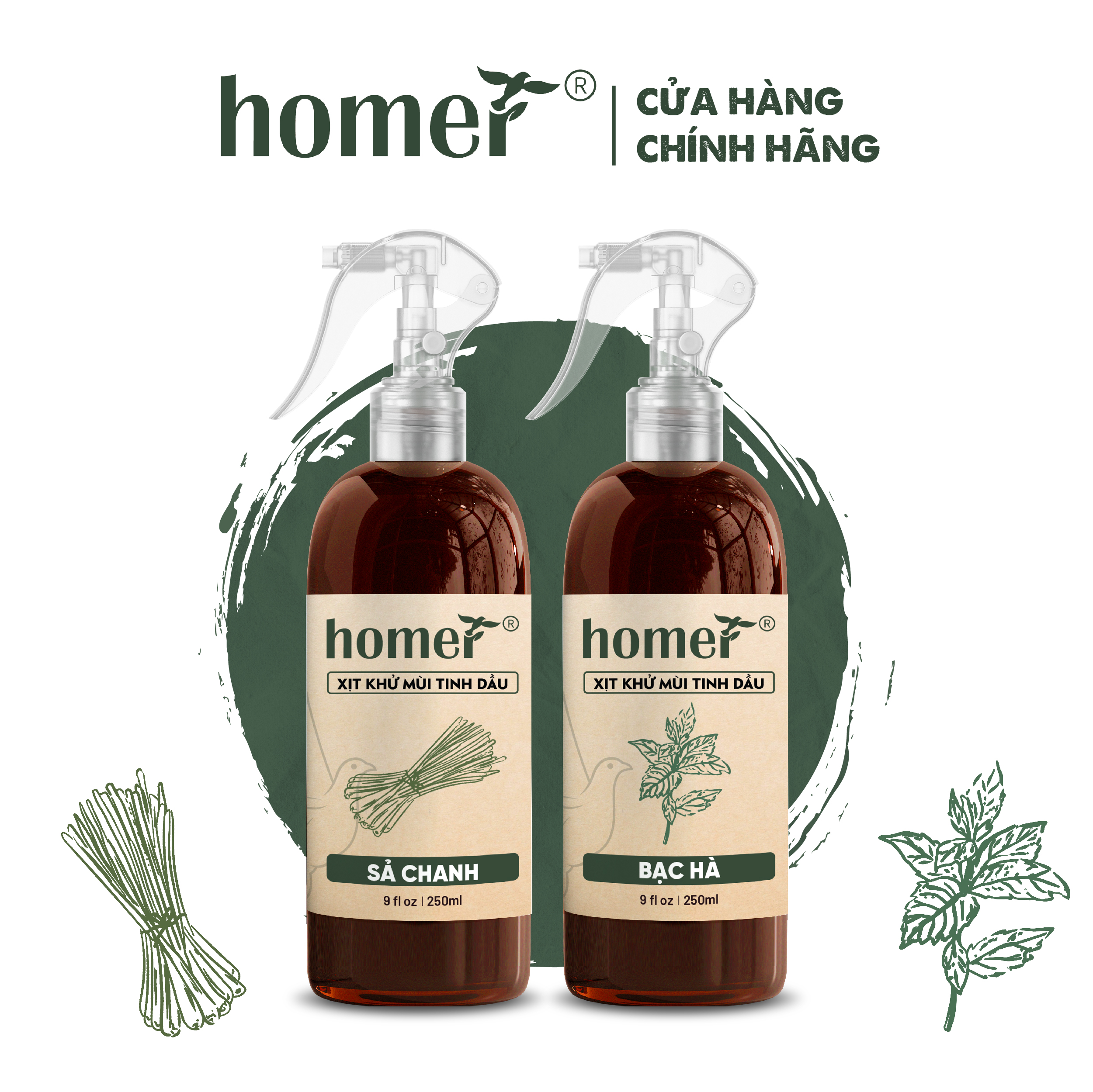 Combo 2 xịt khử mùi Tinh dầu Sả Chanh + Bạc Hà Homer thiên nhiên 100ml/ 250ml