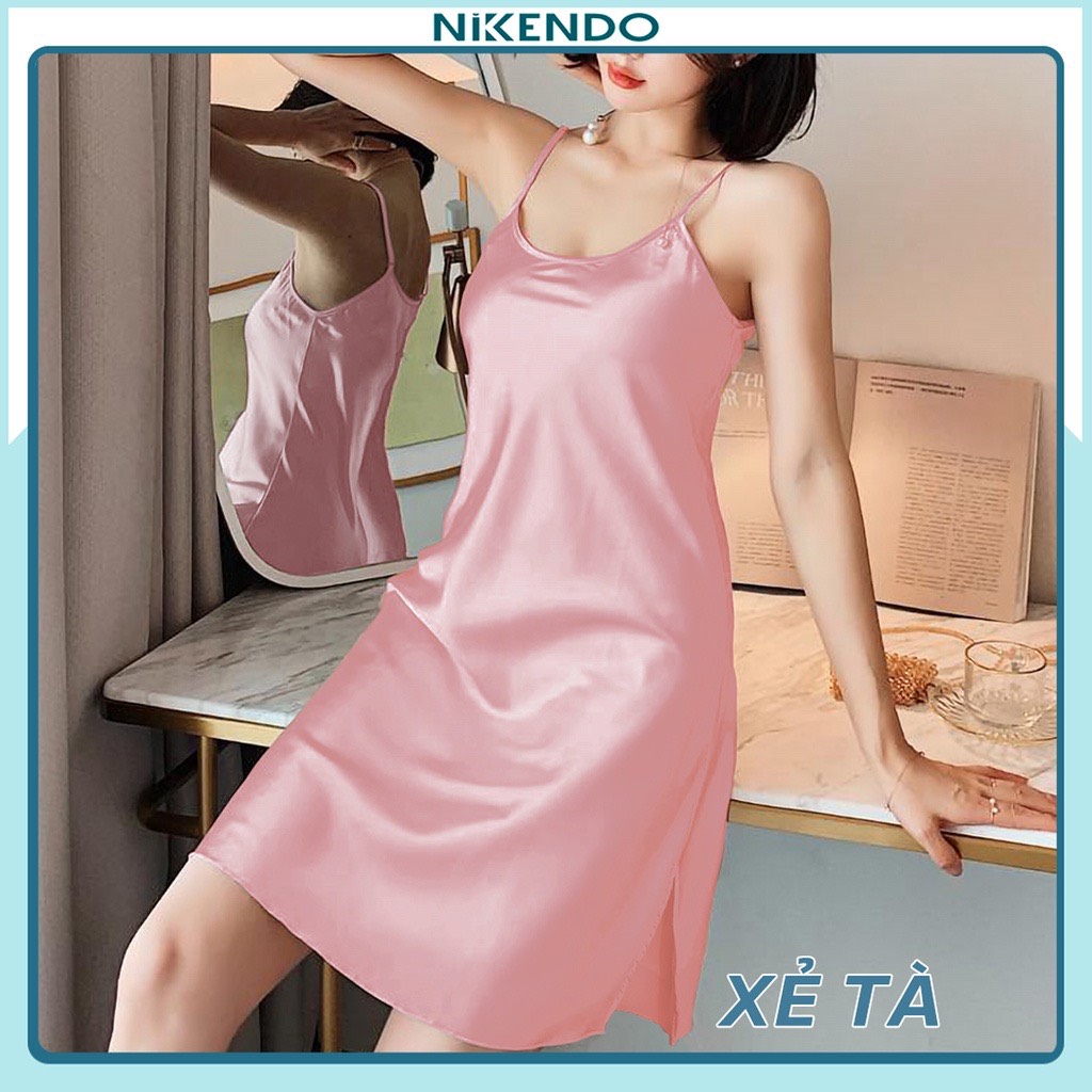 Xả hàng đầm 2 dây cổ tròn- đầm lụa xẻ tà gợi cảm