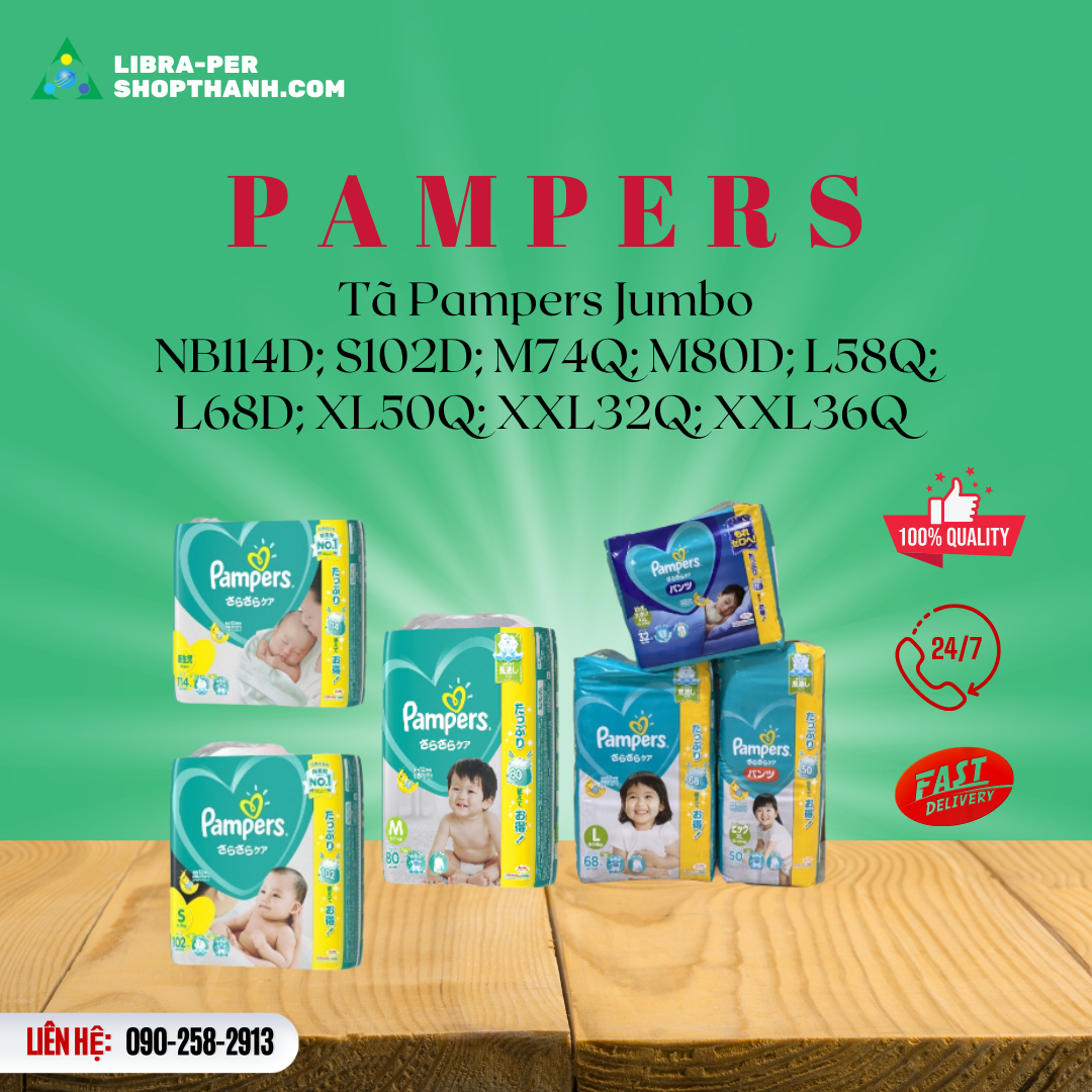 (Jumbo) Bỉm Pampers Nội Địa Nhật Dán/Quần Đủ Size Nb114 S104 M80 L68 Xl50 Xxl32