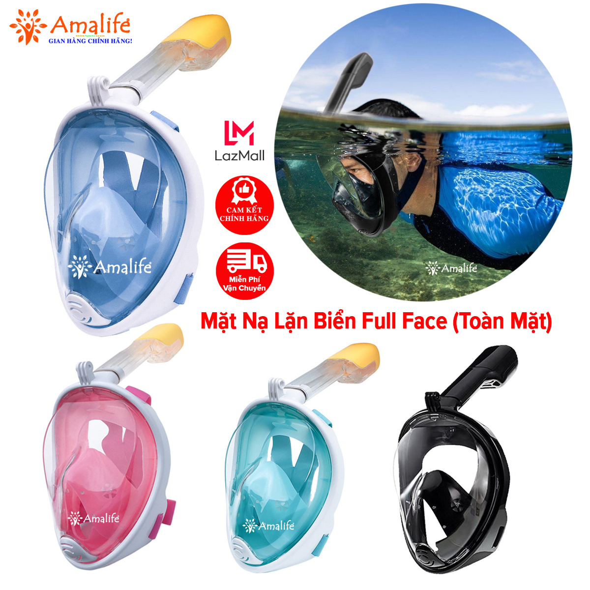 Mặt Nạ Bơi Lặn Fullface Có Ống Thở Khít Mặt Chống Thấm Nước Đi Du Lịch Biển Chính Hãng Amalife