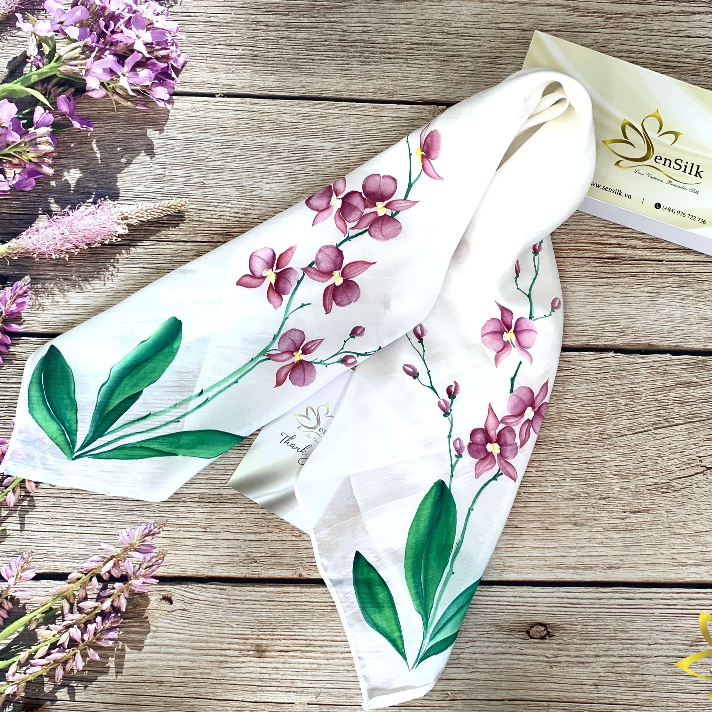 Khăn Lụa Tơ Tằm Vẽ Hoa Lan SenSilk 90x90cm, Khăn Lụa Vuông, Lụa Tơ Tằm Vẽ Tay, Khăn Lụa Mỏng, Tơ Lụa Nha Xá, Vietnam Silk Embroidery Scarf