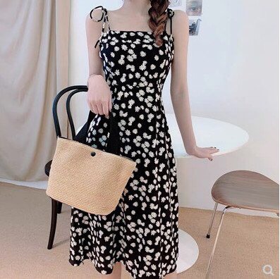 Váy 2 Dây Cột Nơ Vải kate Màu đen, Váy Đầm Nữ Dễ Thương, Đầm Maxi