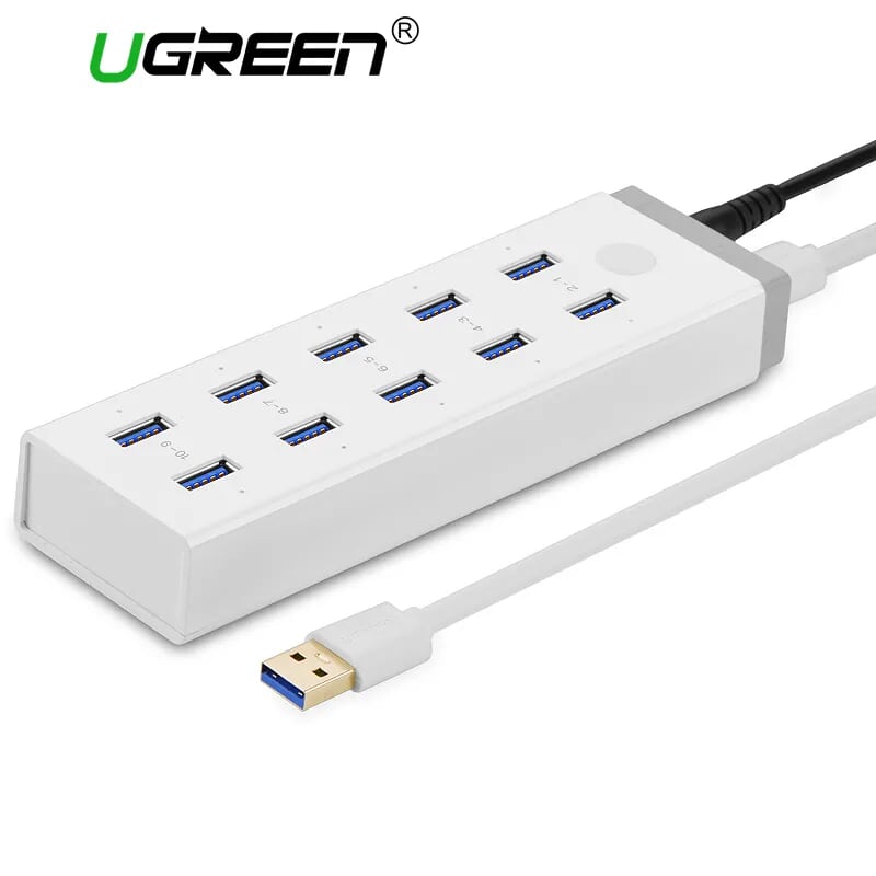 Ugreen 20297 màu trắng bộ chia hub usb 3.0 sang 10 usb 3.0 hỗ trợ nguồn 12v cr117