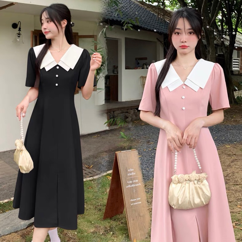 Đầm cổ trắng, nút ngọc ms172