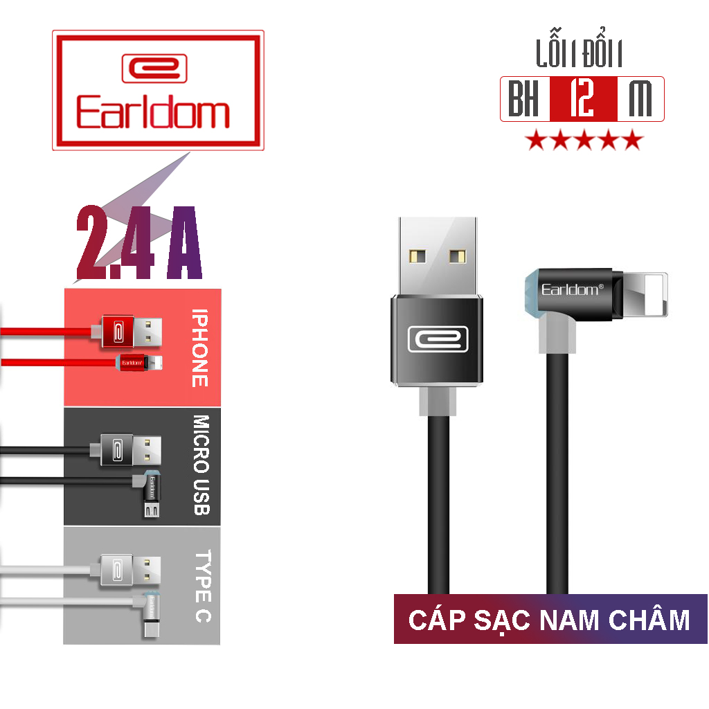 Cáp sạc từ hút nam châm earldom 1m ec - 020 đầu micro usb, type c, lightning