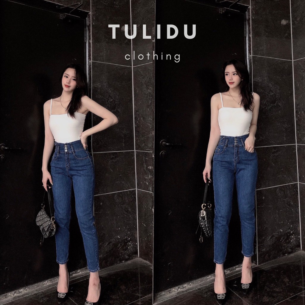 Quần jean nữ dáng baggy lưng cao trơn 3 cúc co giãn - quần bò nữ có bigsize