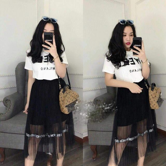 [HCM]Set chân váy voan 2 lớp kèm áo thun sweet thời trang