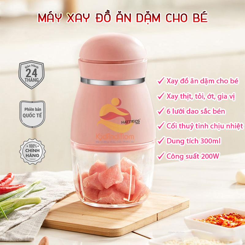 Máy xay Hattiecs 6 Lưỡi, Máy xay sinh tố đa năng, Máy xay chuyên dụng xay đồ ăn dặm dung tích 300ml cối thủy tinh an toàn vệ sinh