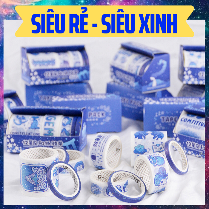 Set 5 cuộn băng dính - washi tape 12 cung hoàng đạo blue trang trí sổ
