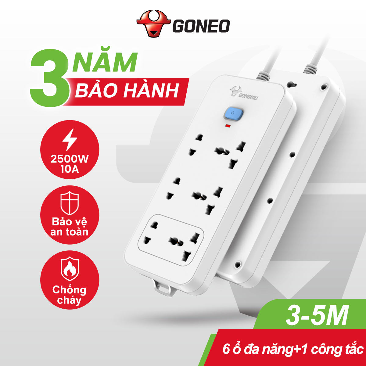 Ổ Cắm Điện Chống Cháy GONGNIU - 6 Ổ Đa Năng 1 Công Tắc – Công Suất 10A/250/2500W – N1330– Chính Hãng