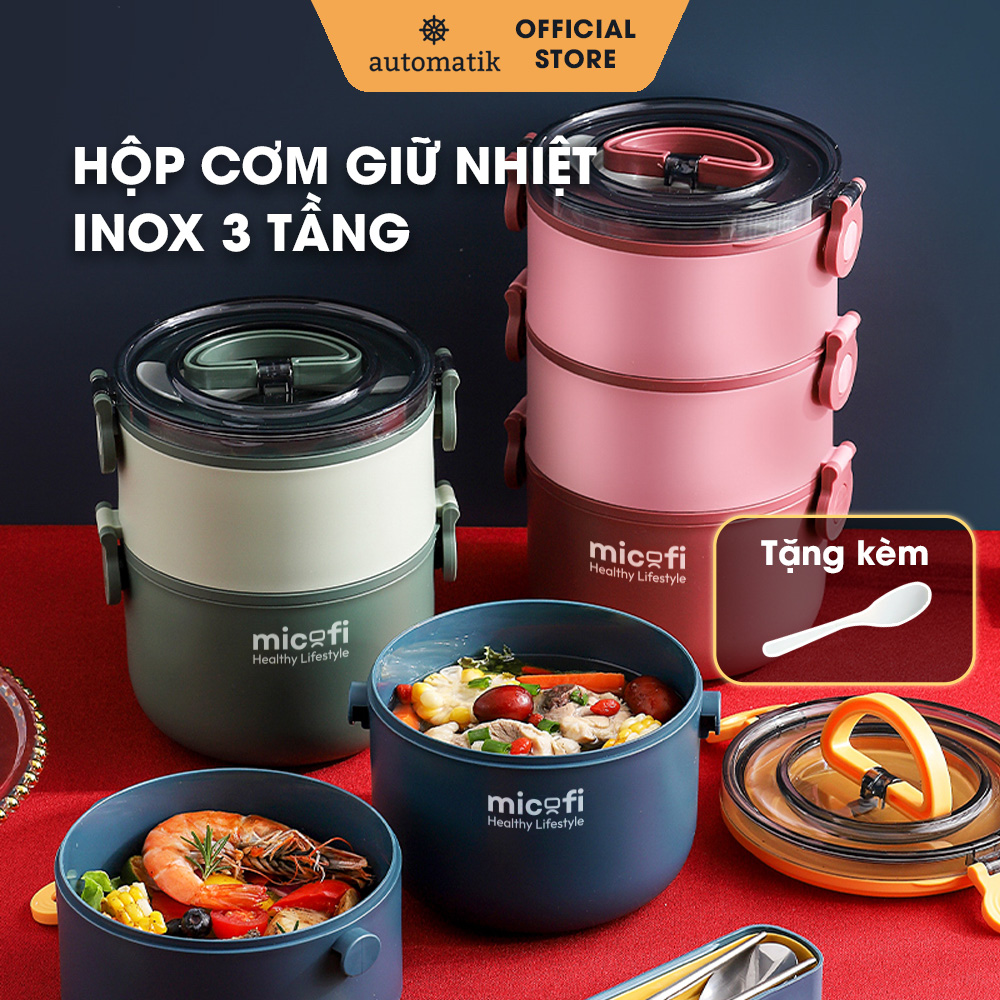 Hộp đựng cơm, hộp cơm giữ nhiệt inox 304, cà mên 3 tầng chống tràn, camen đựng cơm giữ nhiệt, cặp lồng giữ nhiệt, hộp cơm giữ nhiệt 3 tầng - automatik