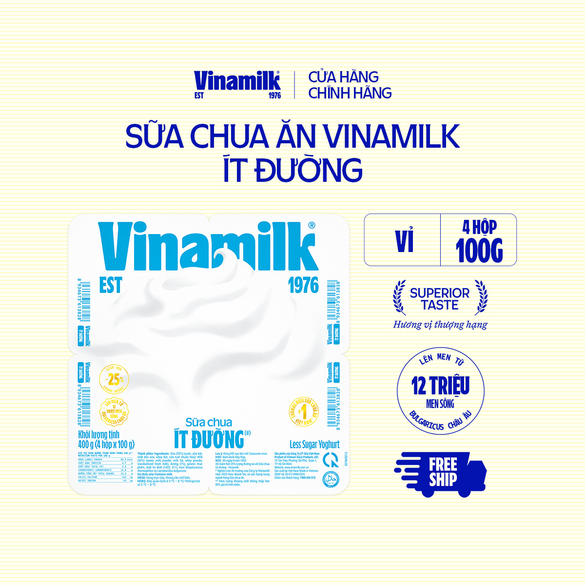 4 Vỉ Sữa chua ăn Vinamilk ít đường 100g Yaourt 4 hộp/Vỉ