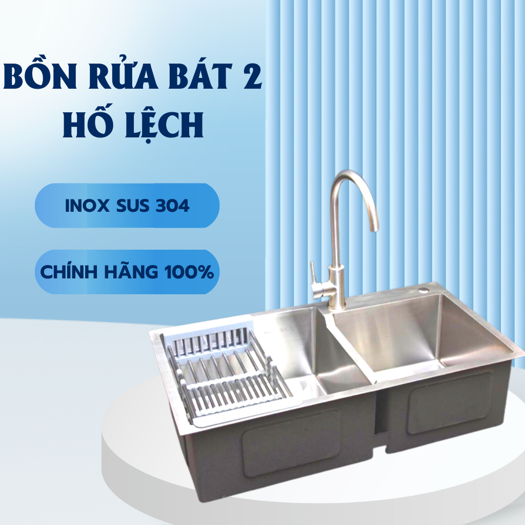 Bồn chậu rửa chén inox sus 304 hai hố lệch kích thước 82x45cm kèm vòi rửa bát nóng lạnh