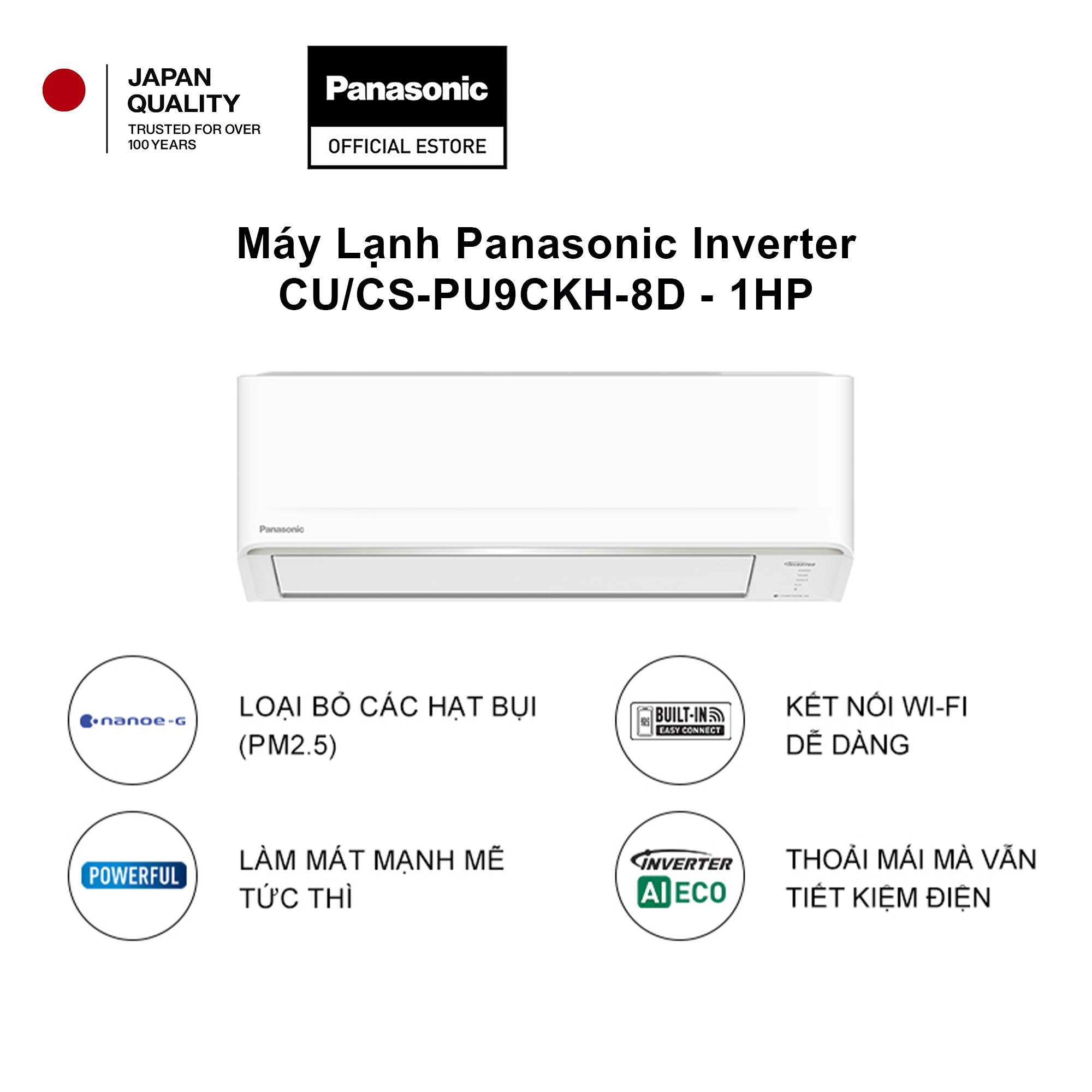 Máy Lạnh Panasonic Inverter CU/CS-PU9CKH-8D - 1HP - Một chiều - Lọc bụi nanoeG - Wifi
