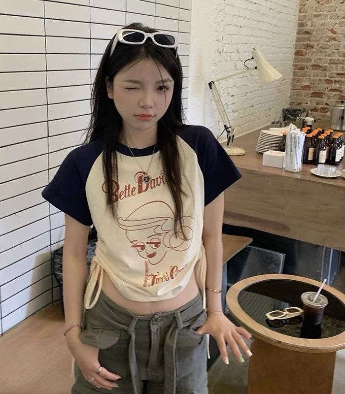 Áo thun croptop kiểu in chữ chất thun borip cực đẹp rd3 / áo croptop phối tay cổ tròn ôm body rút dây xinh