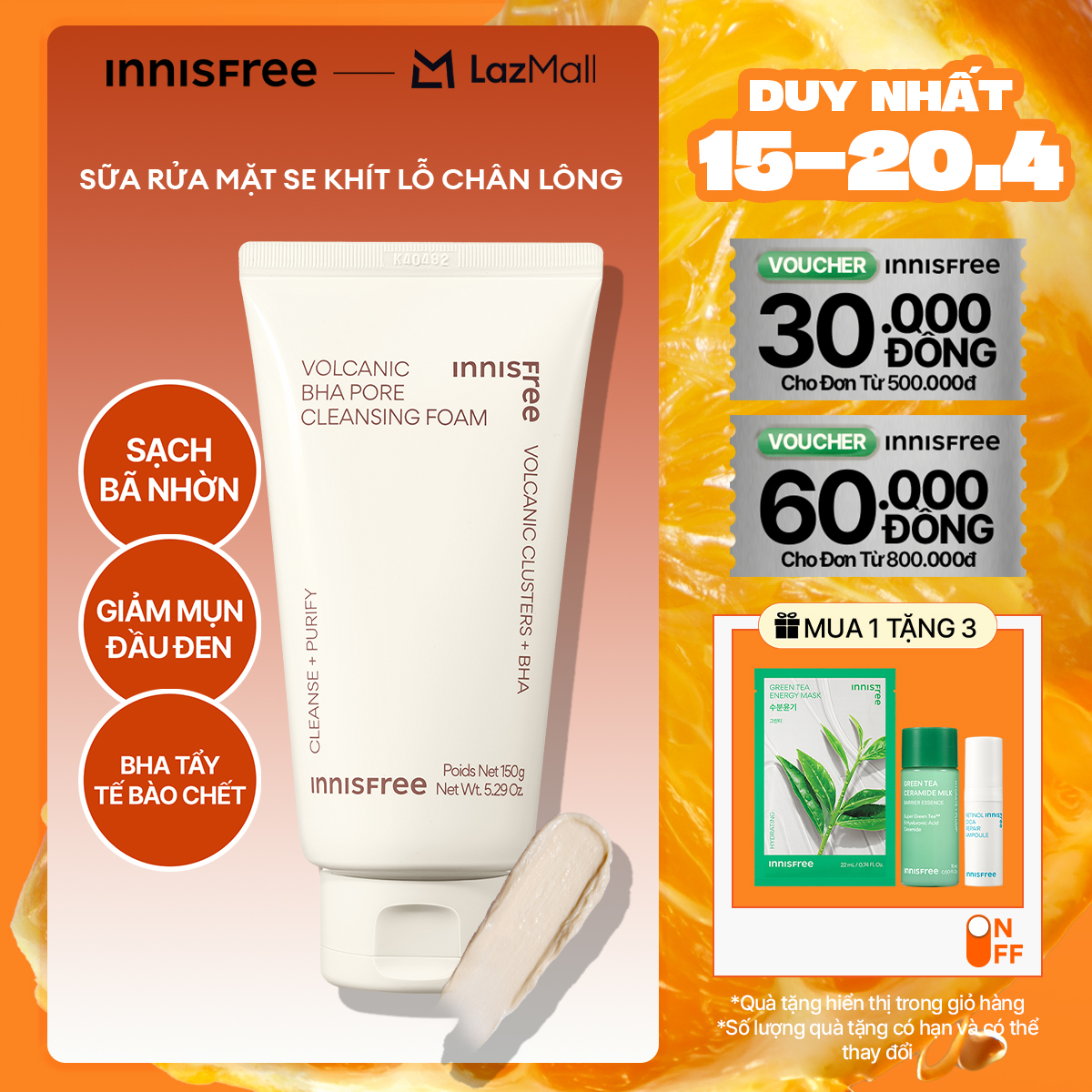 Sữa rửa mặt tro núi lửa sạch sâu se khít lỗ chân lông INNISFREE Volcanic Pore BHA Cleansing Foam