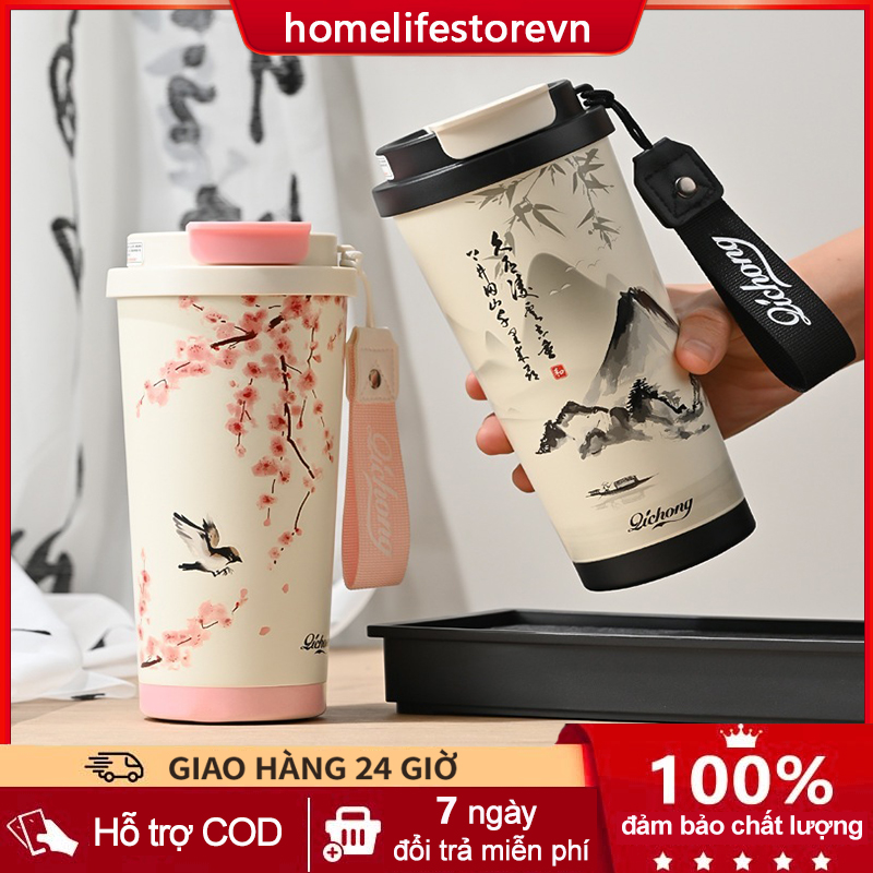 Ly giữ nhiệt coffee cup inox 316 lót sứ cao cấp 520ml cốc giữ nhiệt lọc trà ống hút