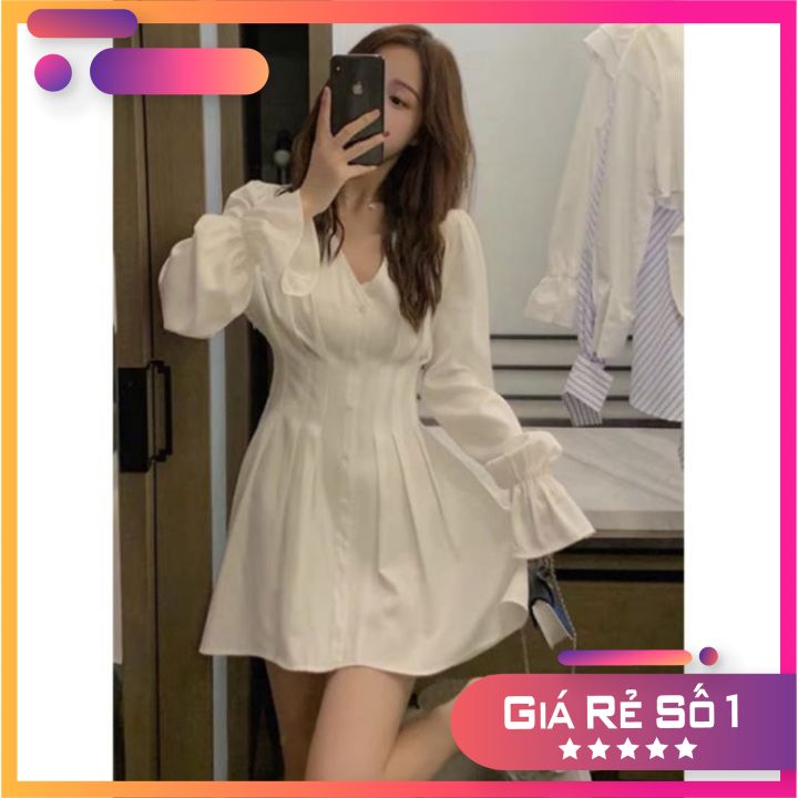 Đầm trắng xòe eo xếp li tay dài ulzzang điệu đà tiểu thư