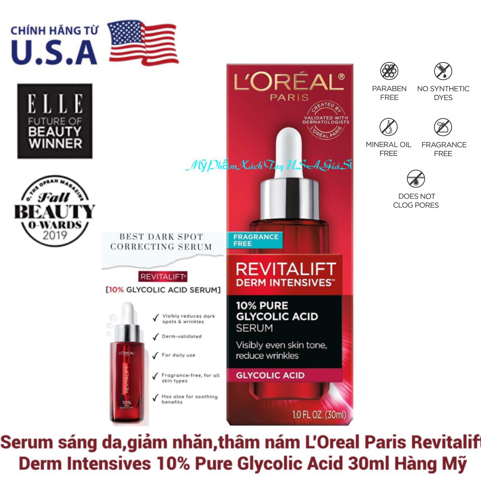Serum chống lão hóa, sáng da, giảm thâm nám hiệu quả LOreal Revitalift Derm Intensives 10% Pure Glycolic Acid 30 ml Hàng Mỹ
