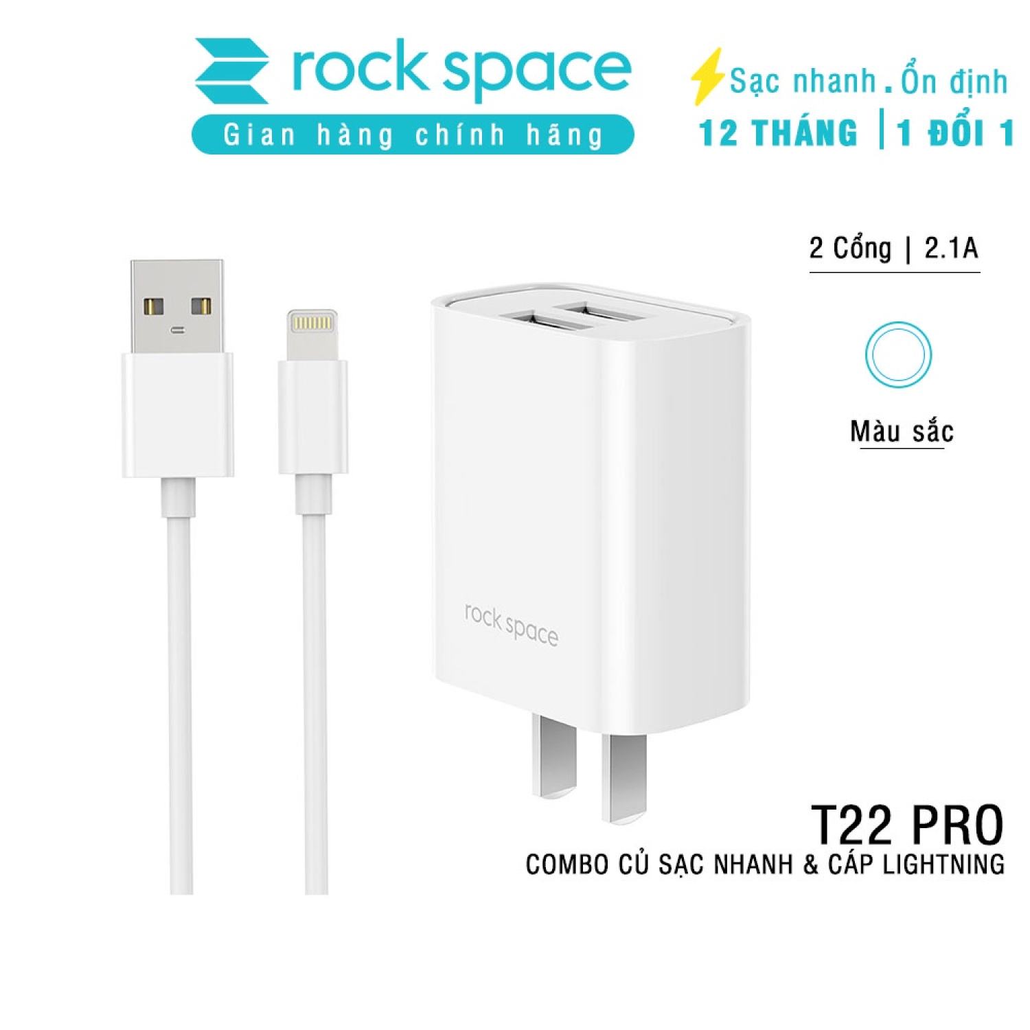 Bộ sạc nhanh IP ROCKSPACE T22 Pro 2 Cổng 2,4A không nóng máy , màu trắng - hàng chính hãng bảo hành 12 tháng