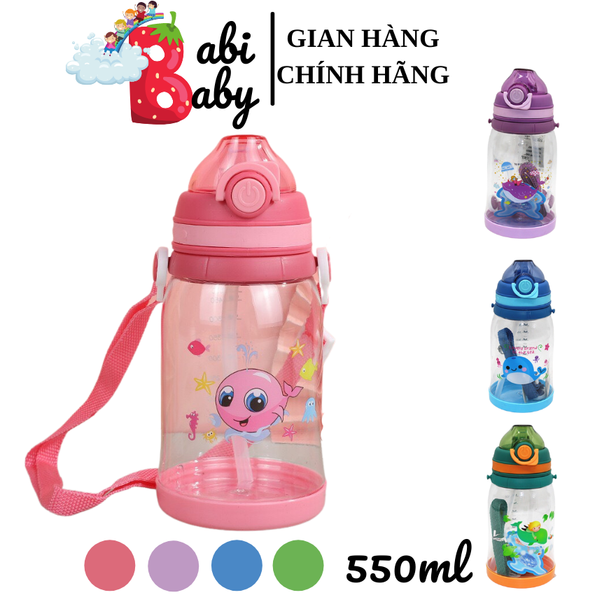 Bình nước cho bé BABI BABY có quai đeo nắp bật ống hút mềm mại cao cấp cute cho trẻ đi chơi đi học không bị rò nước BN04
