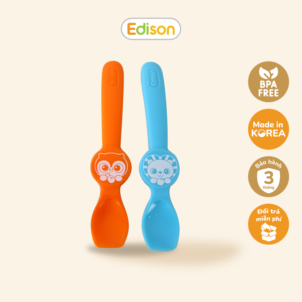 Made in Korea Bộ 2 thìa ăn dặm silicon Hàn Quốc Edison - thìa tập xúc siêu mềm hình Cú-Sư Tử và Cú-Thỏ hàng chính hãng