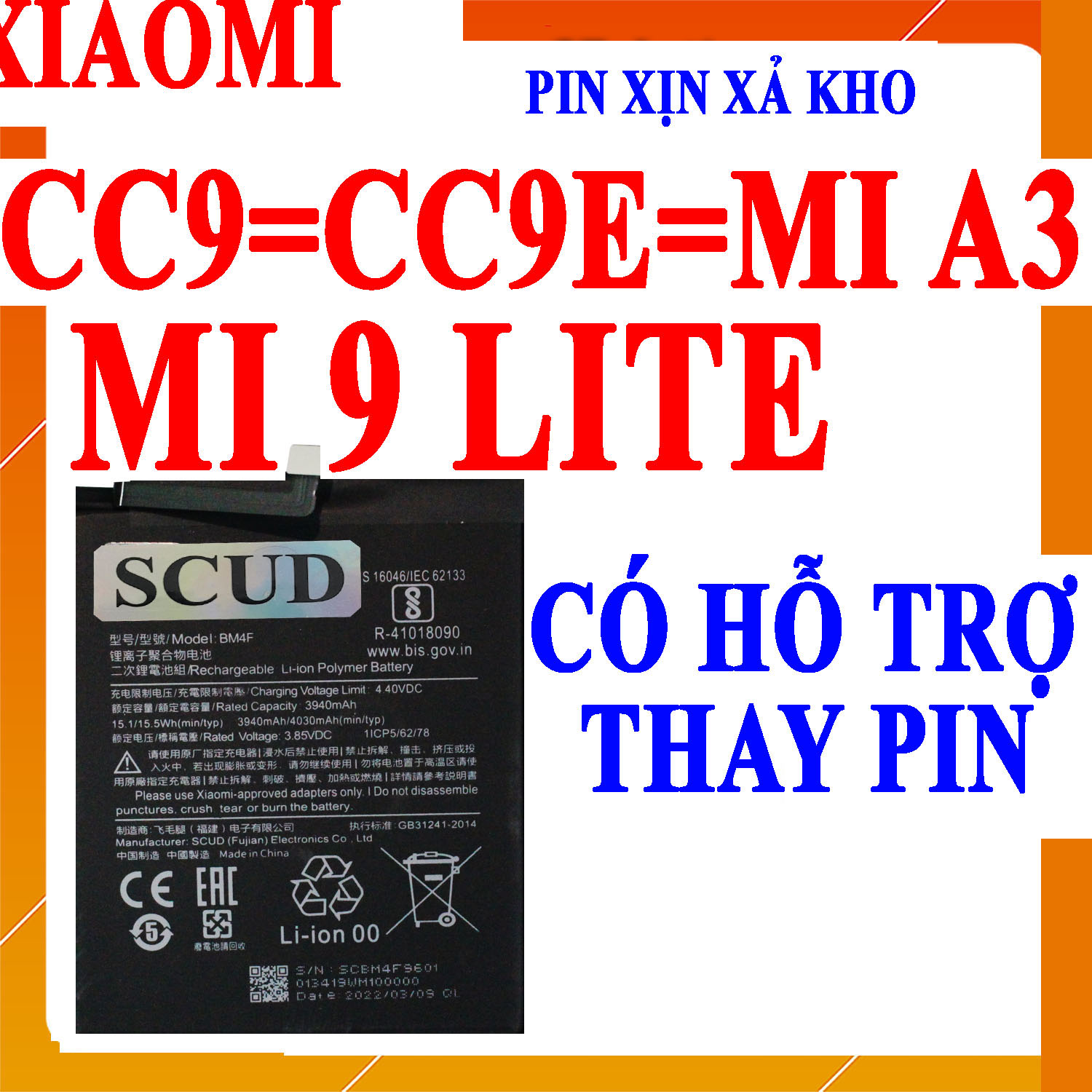 Pin scud cho xiaomi mi cc9/mi cc9e/mi a3/mi9 lite/mi 9 lite bm4f 4030mah