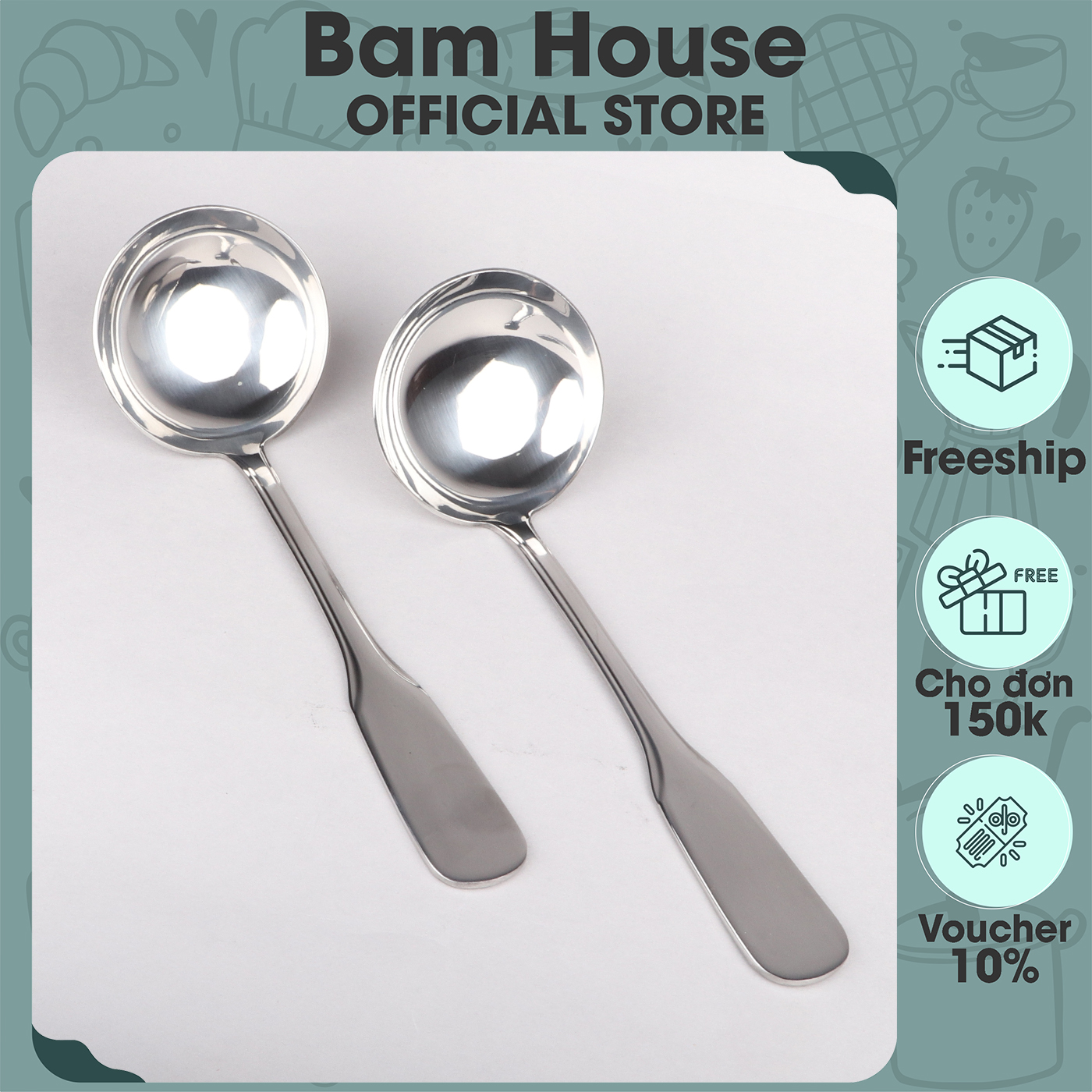 Vá canh inox Bam House cán dày lòng tròn VIC04 cao cấp - Vá múc canh inox Va canh inox Va muc canh