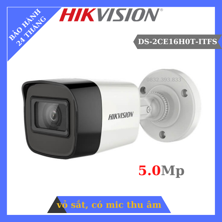Camera ngoài trời 5.0Mp HD-TVI Hikvision DS-2CE16H0T-ITFS vỏ sắt, tích hợp MIC thu âm