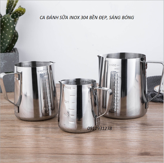 Ca inox đánh sữa (có vạch chia) 350ml - 550ml - 900ml (hàng hịn)