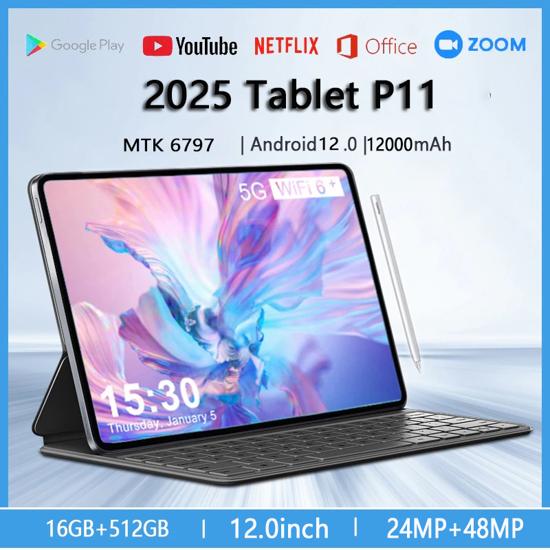 2025 Máy tính bảng Pro11 mới 12.0 inch 16+512GB Bộ nhớ siêu lớn 12000mAh 4K Toàn màn hình Dual SIM wifi/5G Hỗ trợ Bluetooth Gaming Văn phòng Giải trí và Máy tính bảng Đa chức năng