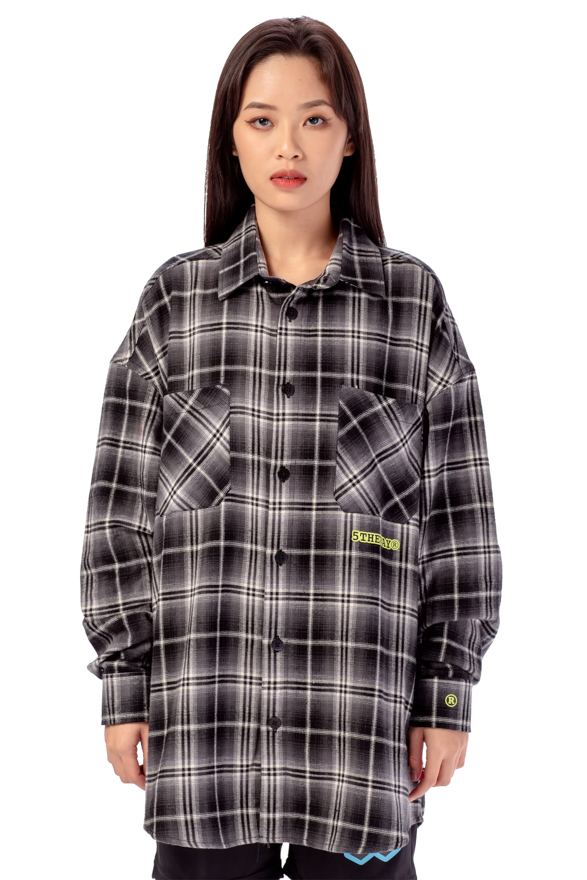 5THEWAY® Áo Sơ Mi Flannel Sọc Caro Xám Xanh Lá Tay Dài aka /stroke/ BIG LOGO FLANNEL SHIRT™ in GR/GRE™
